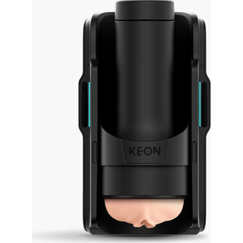Kiiroo Keon 2, a black automatic stroking machine holding a stroker sleeve