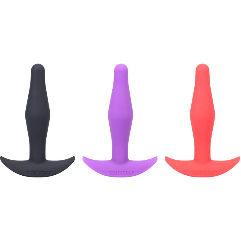 Tantus Little Flirt, a slim tapered silicone anal dildo with a flared base