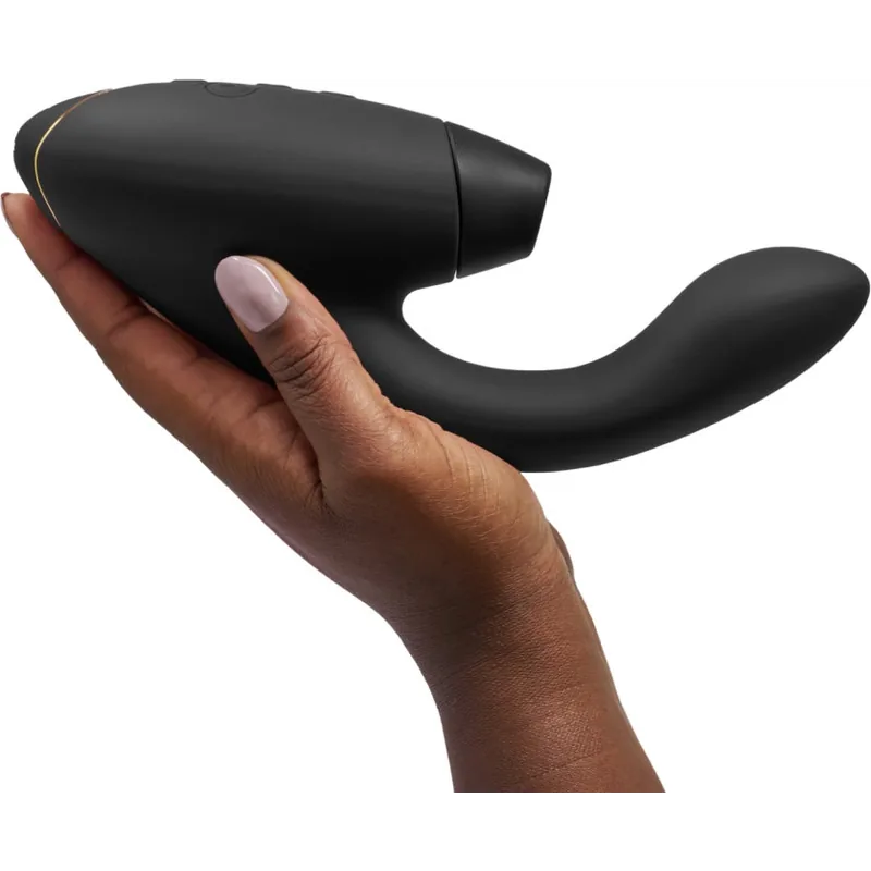 Womanizer Duo 2, a black dual stimulator combining Pleasure Air with a G-spot arm