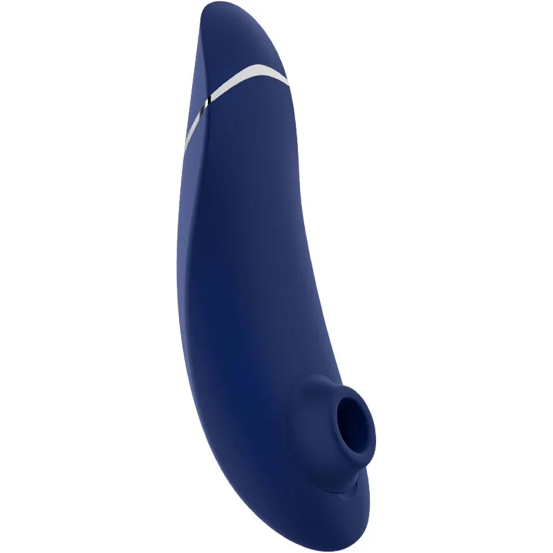 Womanizer Premium 2, a blue clitoral stimulator with a small silicone head
